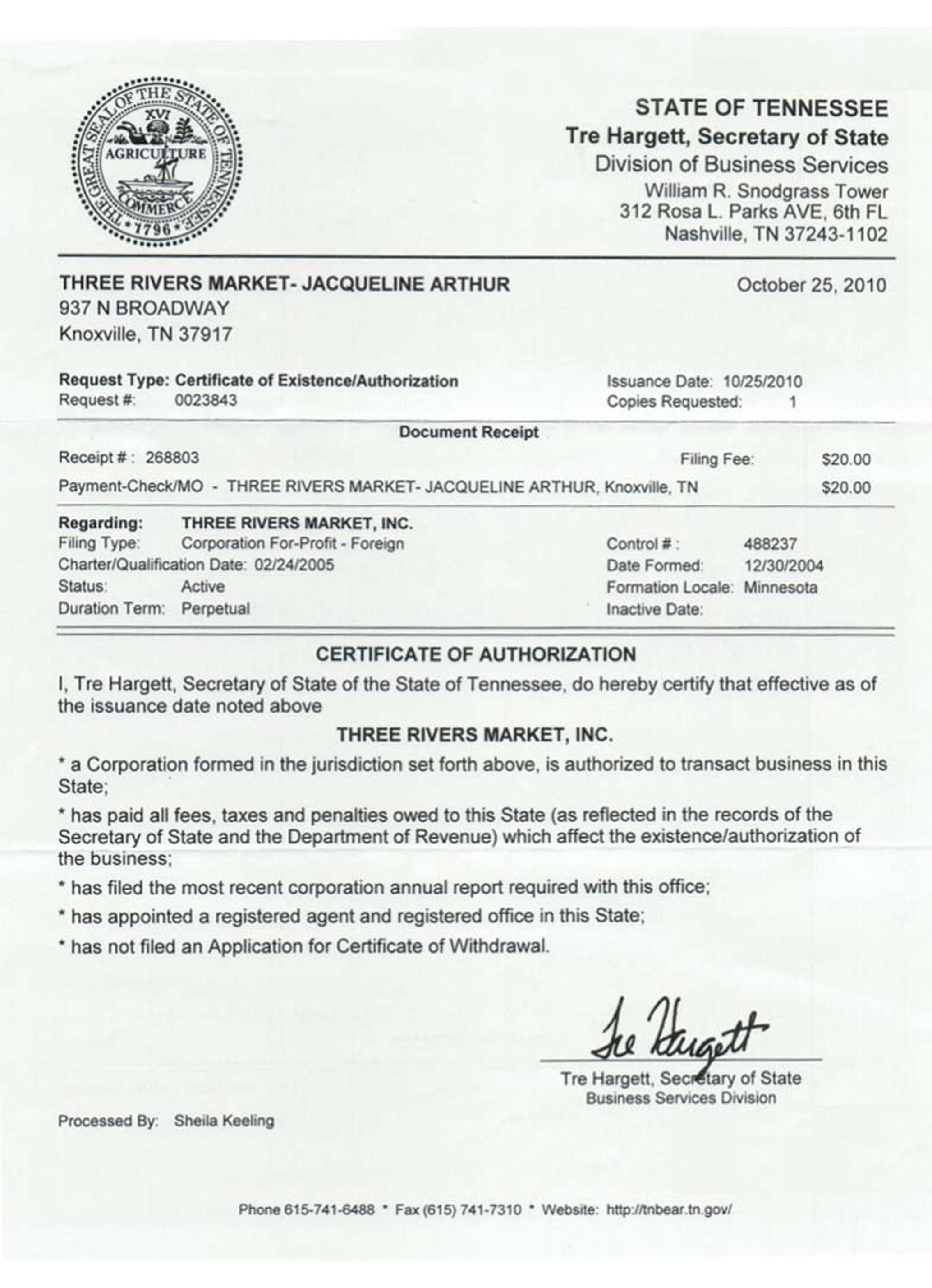 USA Tennessee certificate of good standing